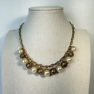 Faux Pearl Dangle Charm Necklace Gold-Tone Vintage Retro Look Chunky